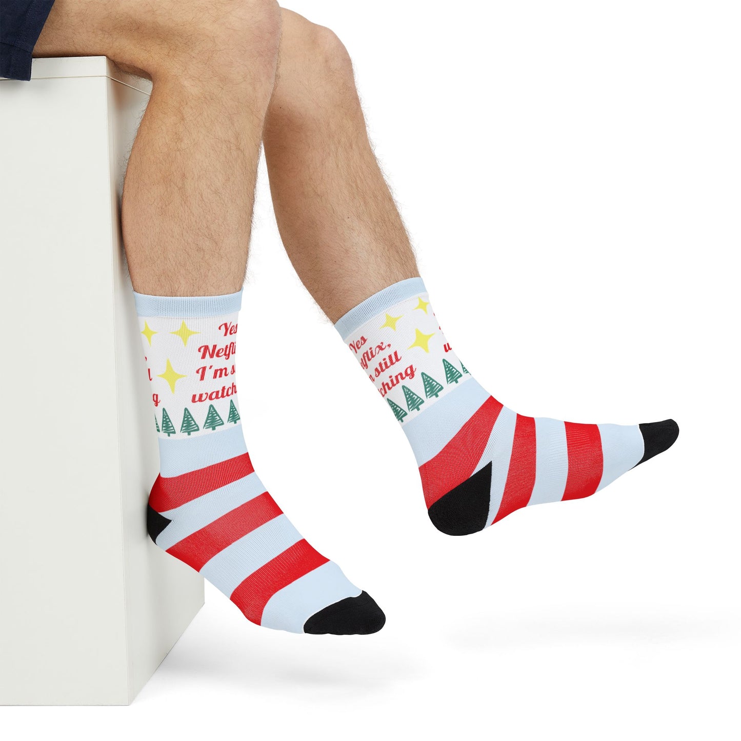 Christmas Stripe Crew Socks — "Yes Netflix, I'm Still Watching" Holiday Socks