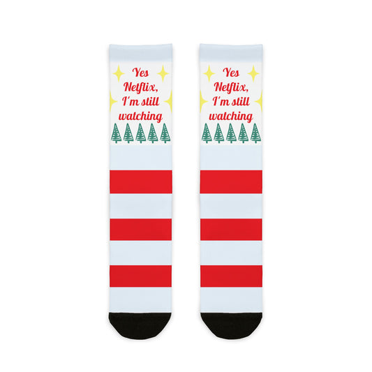 Christmas Stripe Crew Socks — "Yes Netflix, I'm Still Watching" Holiday Socks