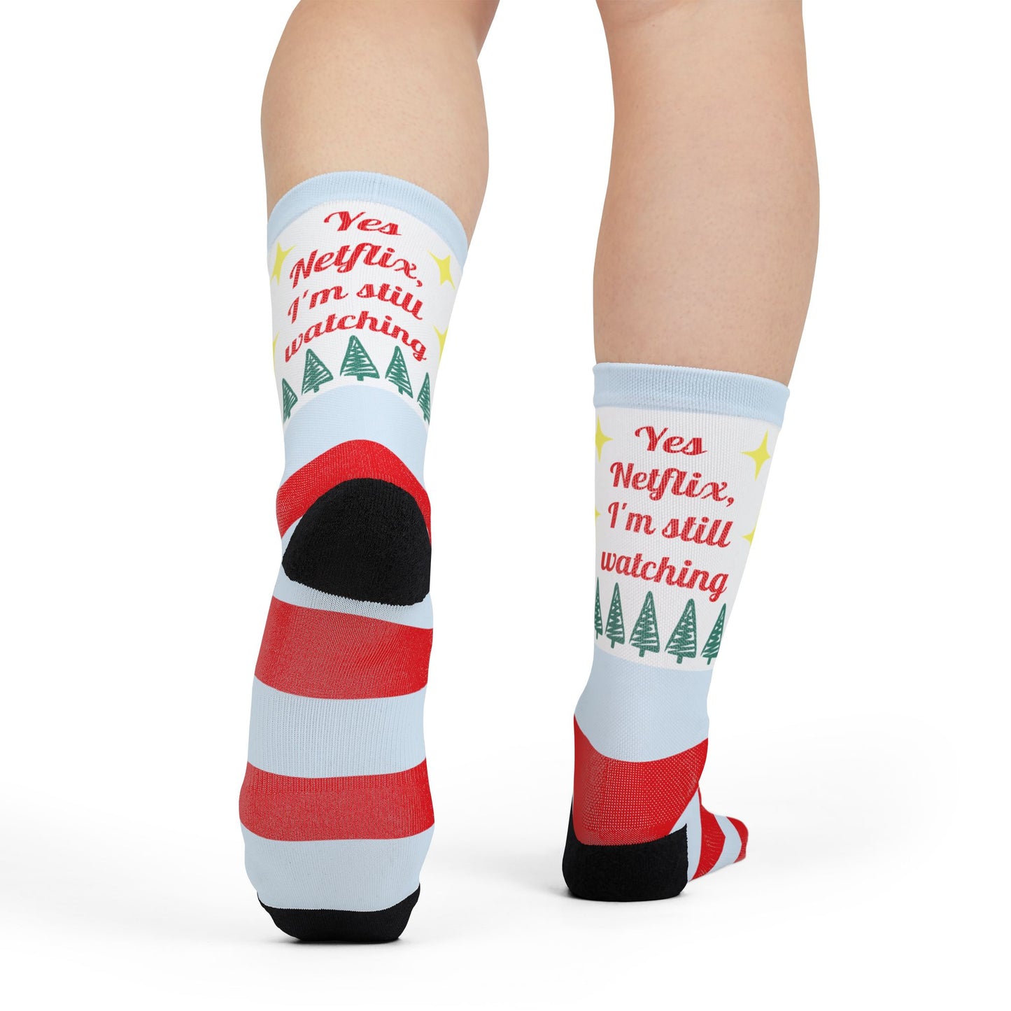 Christmas Stripe Crew Socks — "Yes Netflix, I'm Still Watching" Holiday Socks