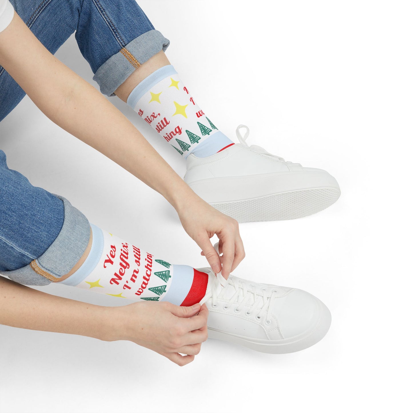 Christmas Stripe Crew Socks — "Yes Netflix, I'm Still Watching" Holiday Socks