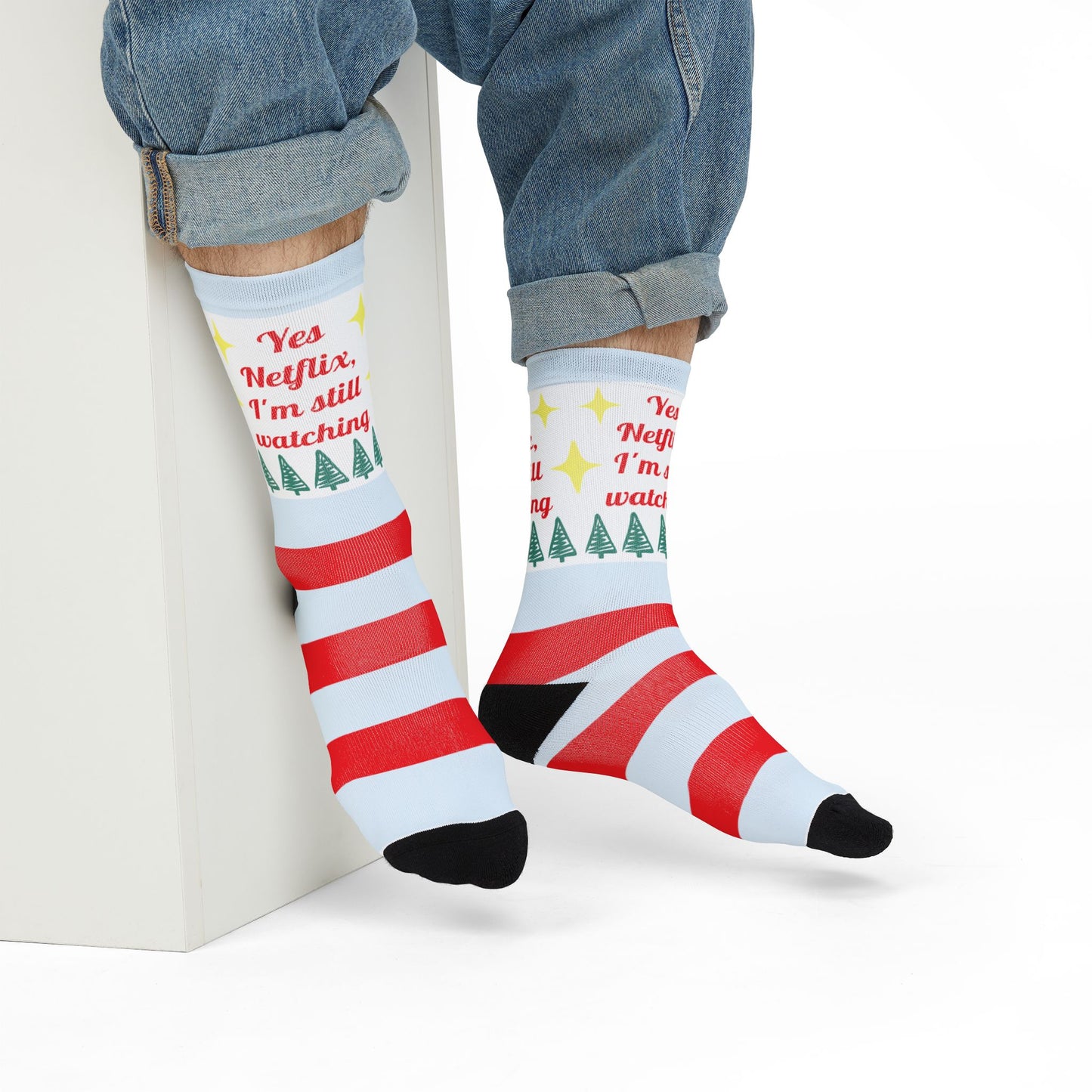 Christmas Stripe Crew Socks — "Yes Netflix, I'm Still Watching" Holiday Socks