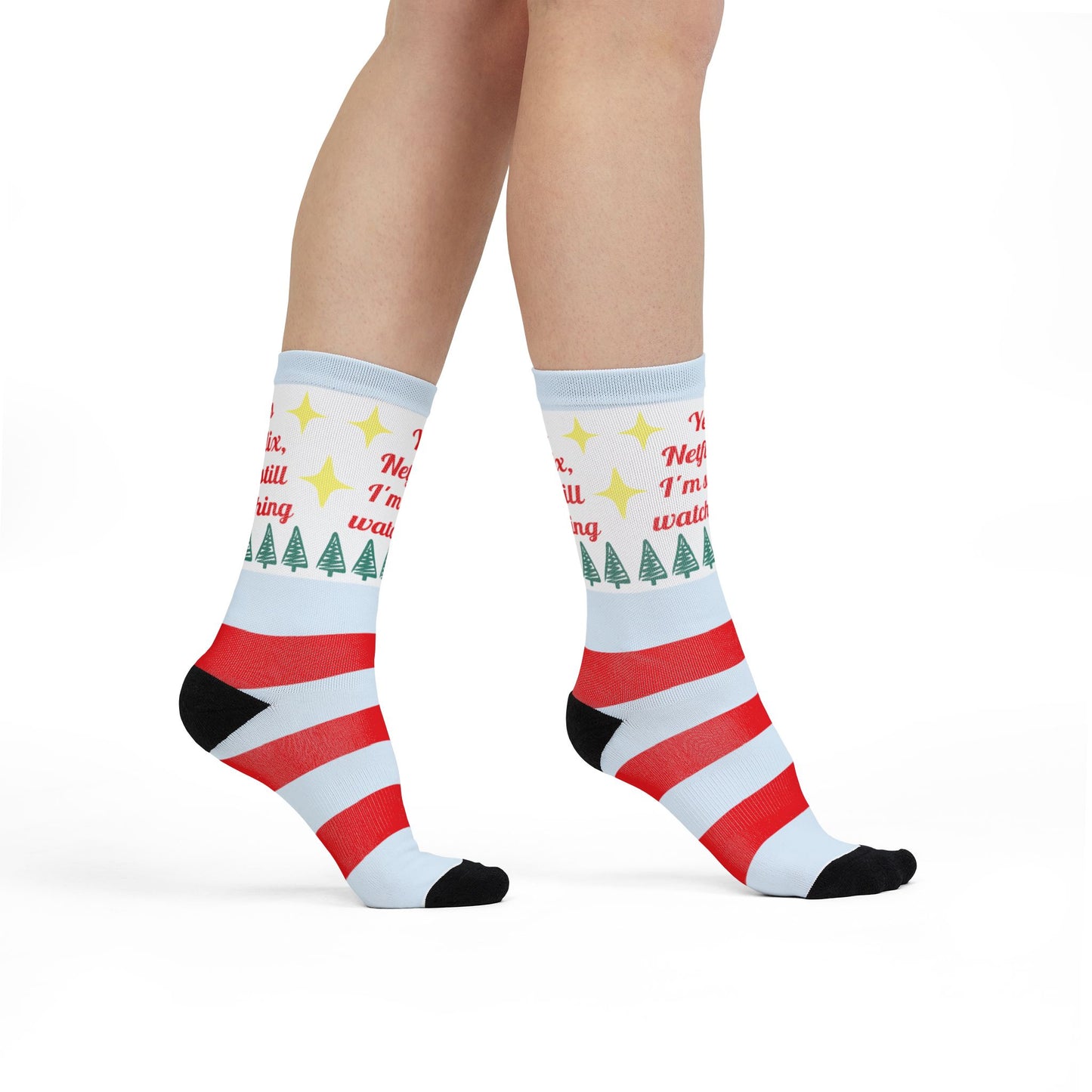 Christmas Stripe Crew Socks — "Yes Netflix, I'm Still Watching" Holiday Socks