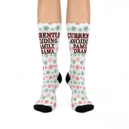 Holiday Socks — “Currently Avoiding Family Drama” Cushioned Crew Socks (Unisex)